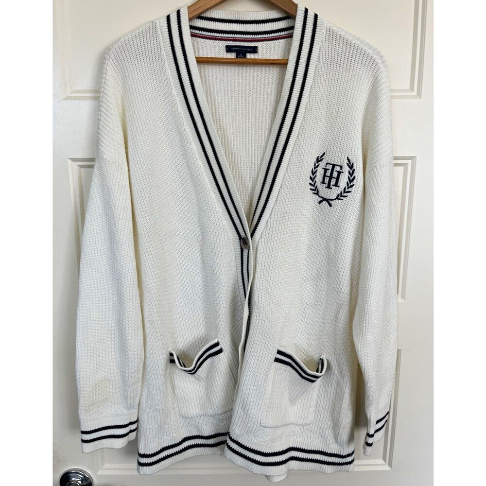 Tommy Hilfiger Varsity Cardigan Sweater Mens XL White Collegiate Crest Preppy